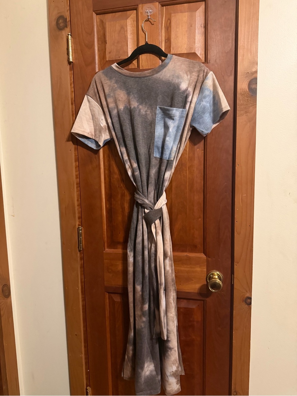 Win Win Tie-Dye Short Sleeve Pocket Maxi Dress - Gray/Blue